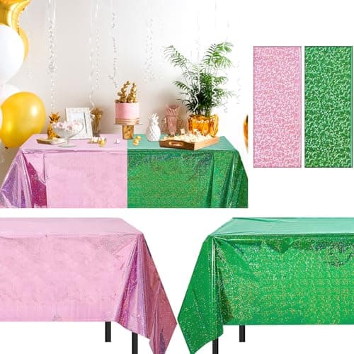 LOYIM 2 Pcs Iridescent Pink Green Holographic Tablecloth for Birthday Party 54 x 108 Table Decoration Shimmer Metallic Plastic Rectangular Tablecover for Witch Princess Party Bachelorette Supplies