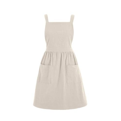 Pinknoke Cotton Linen Pinafore Apron Dress for Women with Pockets Cute Art Chef Aprons for Kitchen Baking Gardening Painting