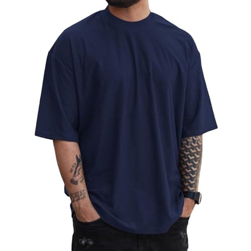 YawYews Mens Fashion Short Sleeve Tshirts Workout Oversize Pullover Solid Color Casual Tees Navy Blue