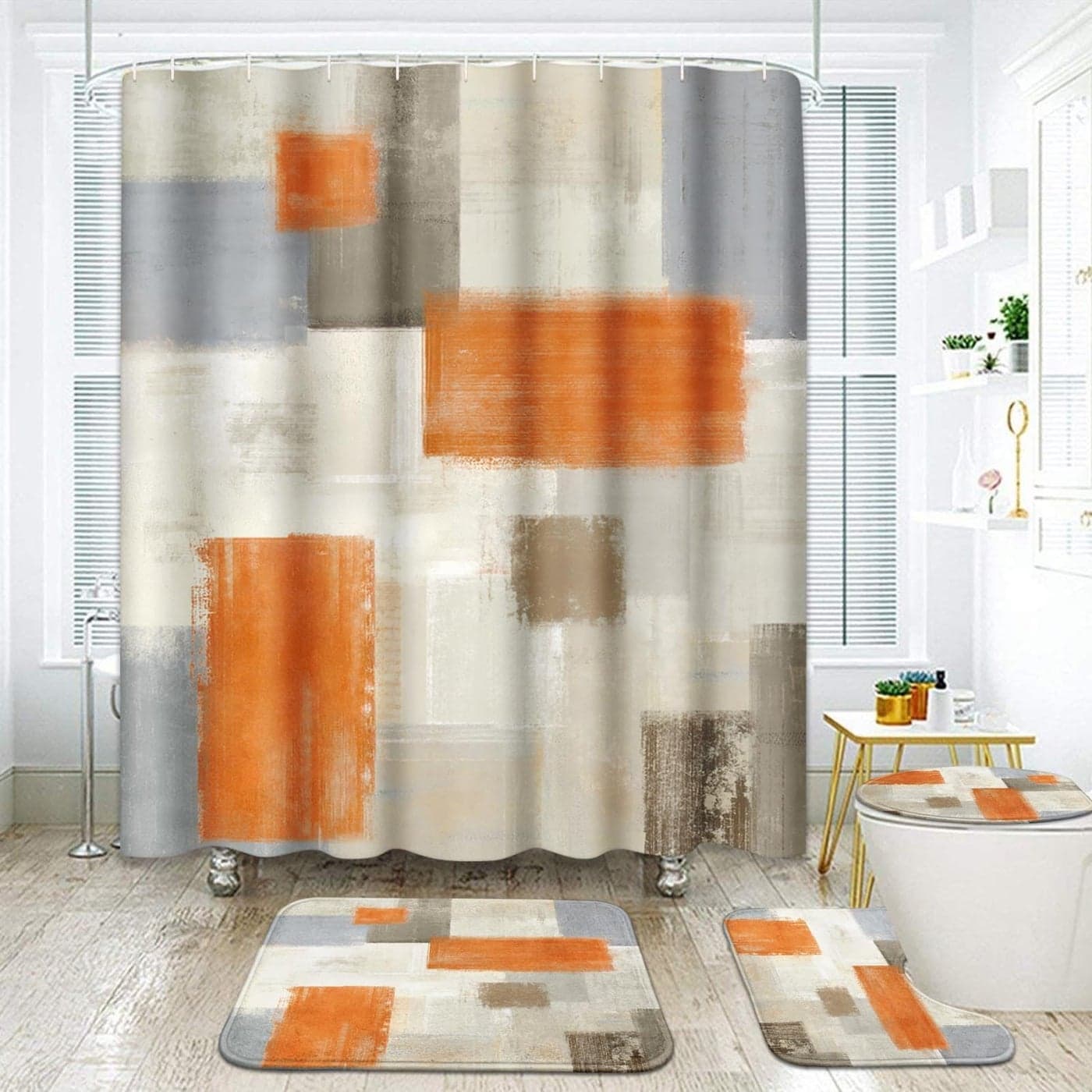 ArtSocket Abstract Orange Bathroom Set with Shower Curtain and Rugs Accessories Brown and Gray Modern Shower Curtain Orange Bathroom Decor 4 Pcs