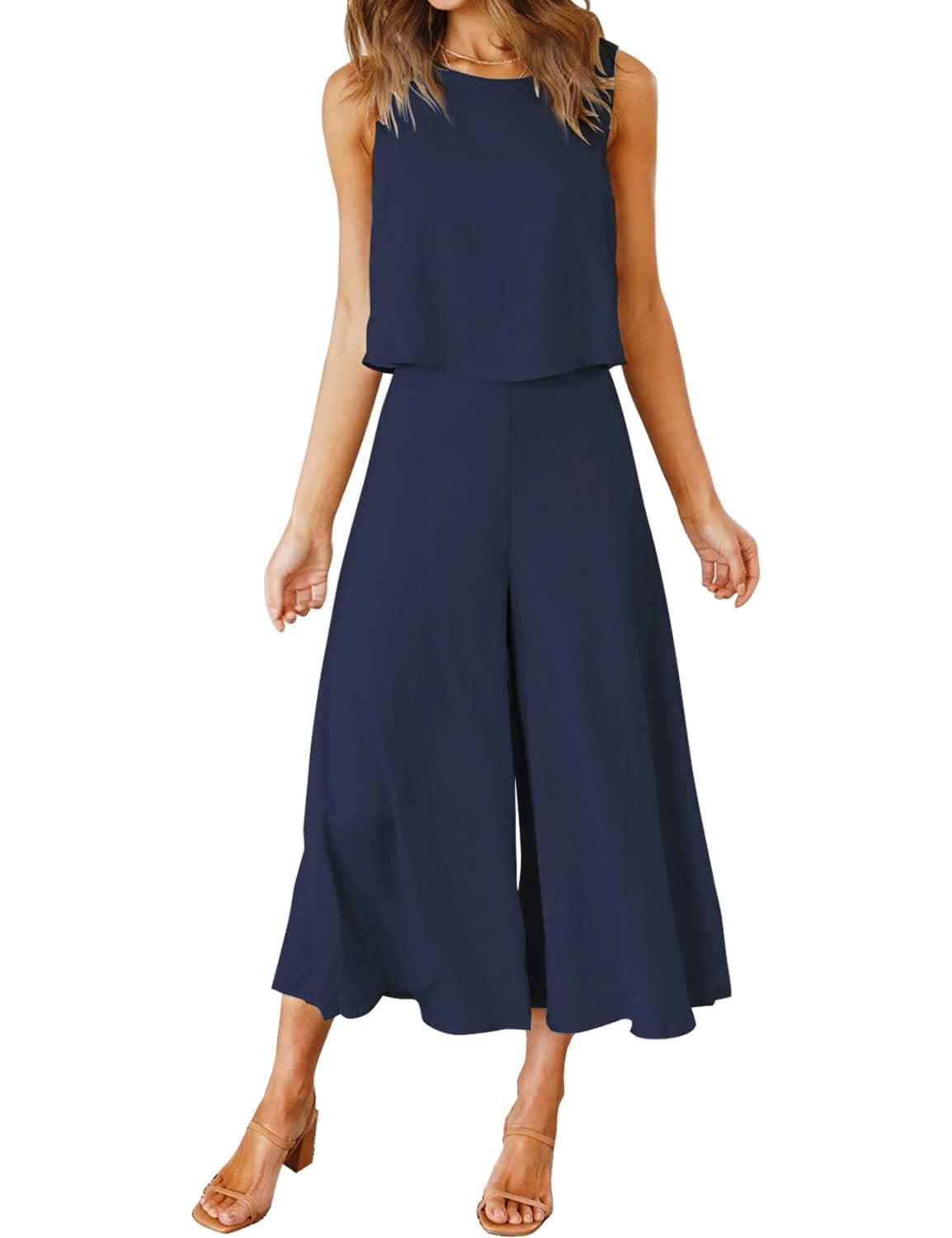 ROYLAMP Women's Summer 2 Piece Outfits Round Neck Crop Basic Top Cropped Wide Leg Pants Set Jumpsuits Navy Blue XS