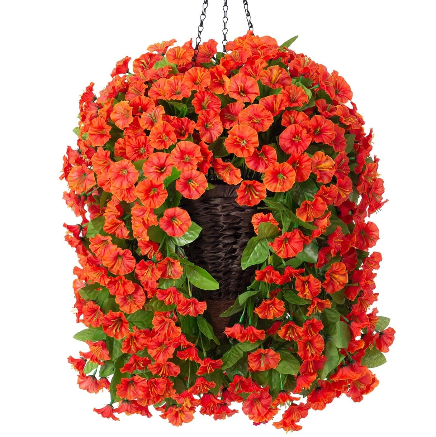 Artificial Fake Hanging Flowers Plants Baskets for Outdoor Outside Faux Silk Orange Morning Glory in Planter UV Resistant Look Real for Home Porch Patio Balcony Yard Decor