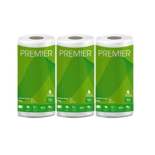 Premier 2-Ply Kitchen Tissue Roll (180 Sheets) | 60 pulls x 3 Packs | Size: 21 x 21 cm | Super Absorbent, Disposable Kitchen Paper Towel for Cleaning & Wiping