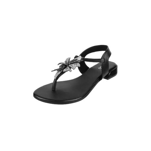 Metro Women Black Synthetic Floral Embellished Flat Sandal UK/7 EU/40 (35-1209)