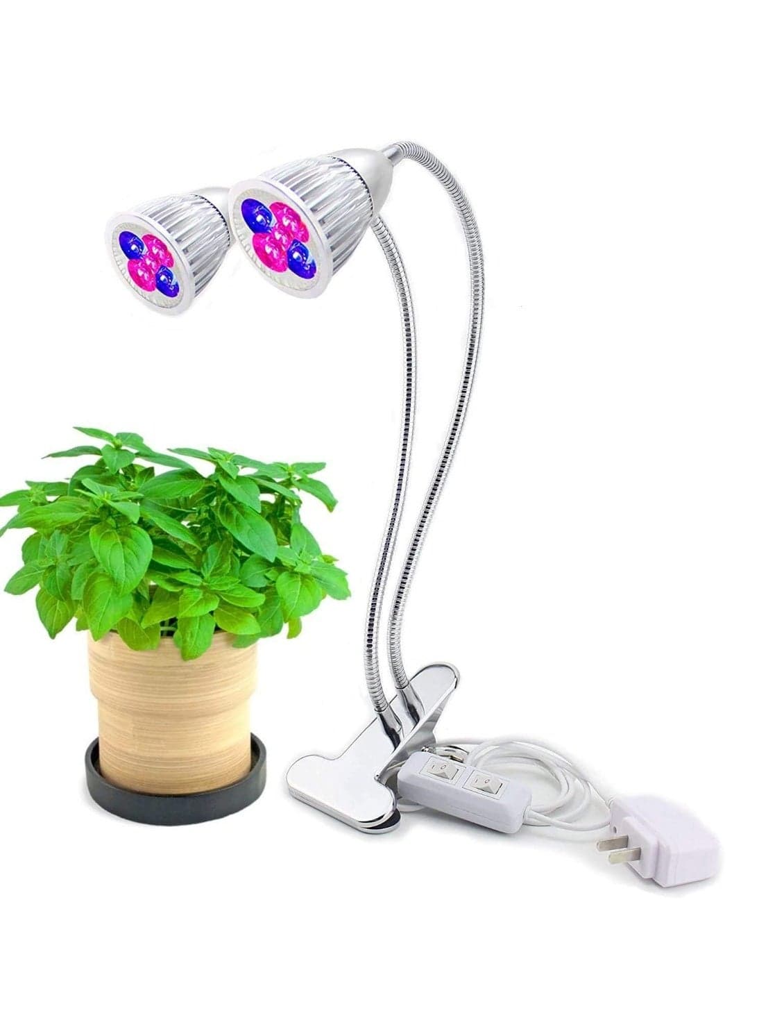 Indoor Plant Growth LED Light Set Dual Desk Clip Head Light 10W Lamps Flexible Adjustable Gooseneck Metal Arms Independent Lamp Function Red and Blue Plant Growth LED Bulbs