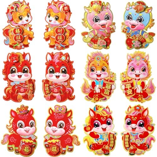 Augshy 12 Pieces Chinese New Year Decorations 2026 3D Zodiac Horse Wall Door Stickers, Lunar New Year Window Clings Year of The Horse Wall Stickers Decals for Spring Festival Home Decor