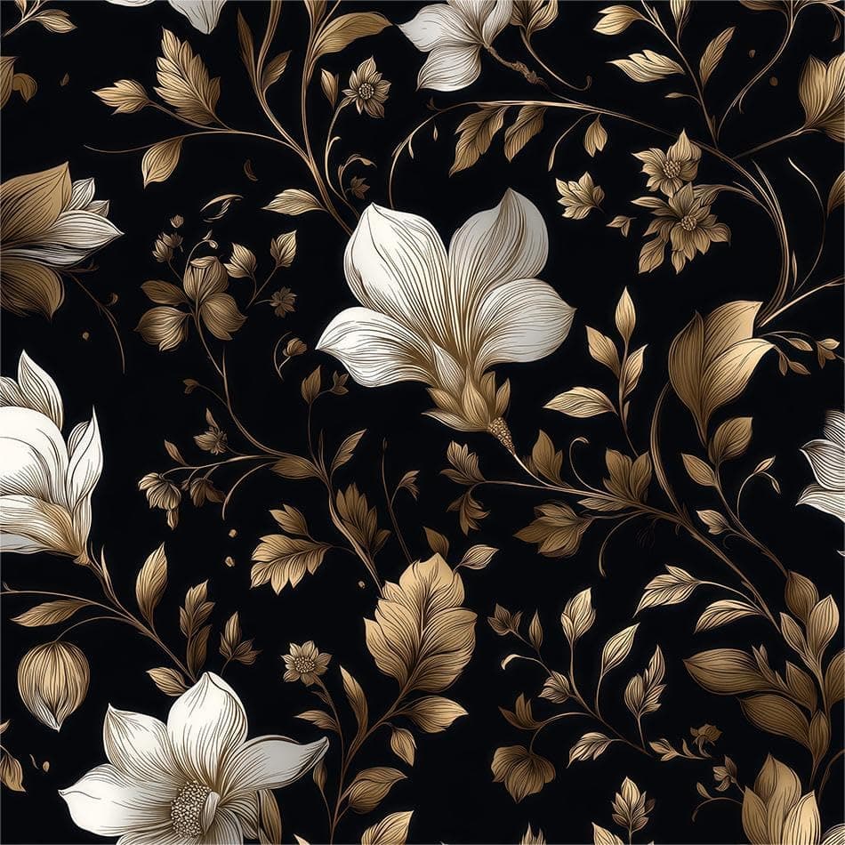 Dark Black White Magnolia Flower Gold Vintage Peel and Stick Wallpaper Contact Paper Vinyl Stick on Wall Paper for Bedroom Bathroom Kitchen Cabinet Renter Friendly
