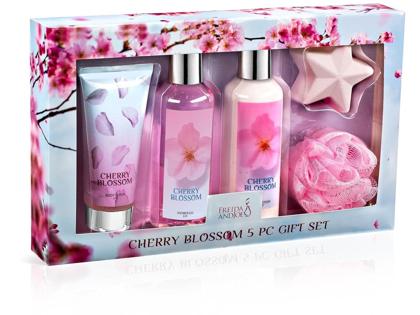 Freida Joe Fragrance Bath Body Collection Gift Box Includes Shower Gel Body Lotion Body Scrub Bath Bomb Sponge Blue Cherry Blossom