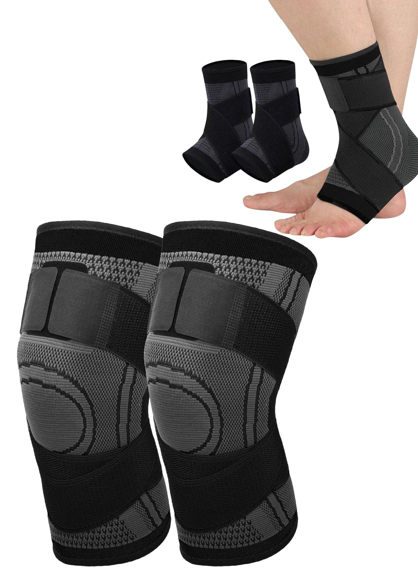 2-Piece Knee Brace u0026 Knee Sleeve Compression Set for Men u0026 Women - Adjustable Knee Support Sleeve for Running, Cycling, Basketball + Ankle Brace for Plantar Fasciitis Relief and Sprained Ankle,Black Knee Pad