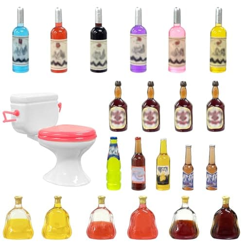 MEMOVAN Toilet Cake Topper 1PC and Miniature Wine Bottles Cake Cupcake Toppers 21PCS Funny Mini Toilet Toy Dollhouse Cake Decorations for Bachelorette Party Or Birthday 21 and Up Girl Party