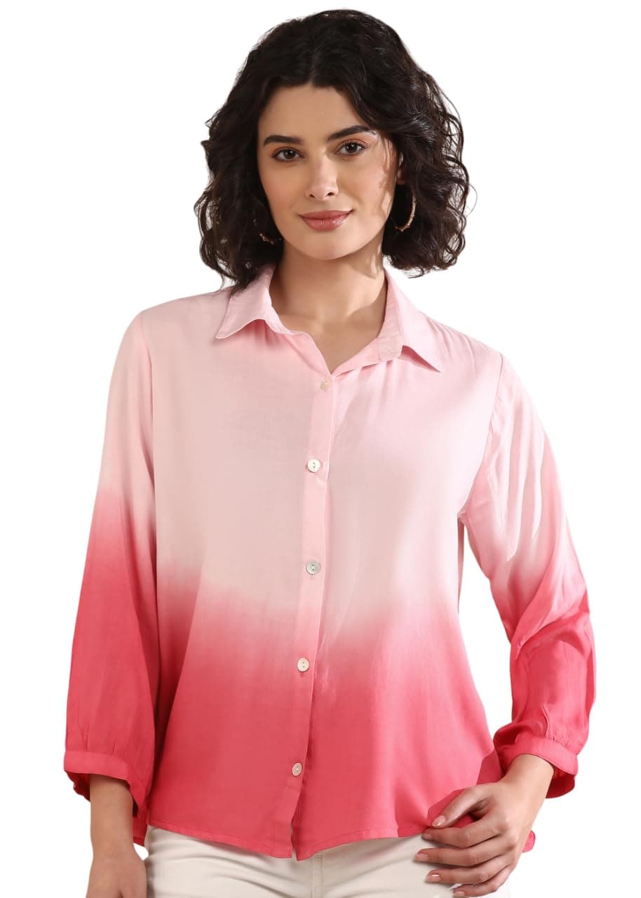 Maaesa Women Handmade Peach-Pink Ombre Tie-Dye Rayon Shirt | Relaxed Fit | Casual Wear & Office Wear | Lightweight & Breathable Fabric