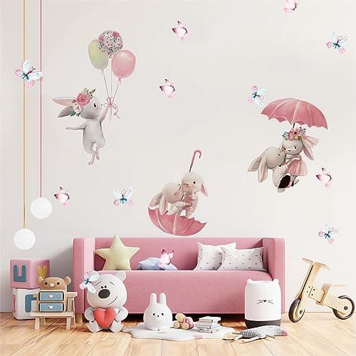 Cute Pink Bunny Butterfly Wall Stickers sacinora Cartoon Little Rabbit Animal DIY Wall Decals Removable Vinyl Peel and Stick for Girl Kids Nursery Living Room Bedroom Childrens Room Art Decorations