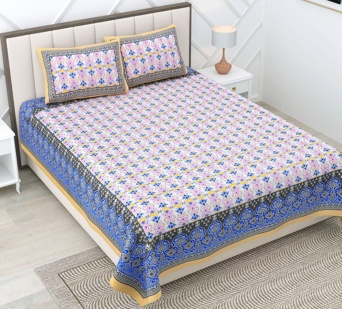 RajasthaniKart Pure 100% Cotton 240 TC King Size BEDSHEET with 2 Pillow Cover - 90X108 (Suitable for King Size Bed Sheet or Double Bed, Yellow-Blue Flower) PSP134