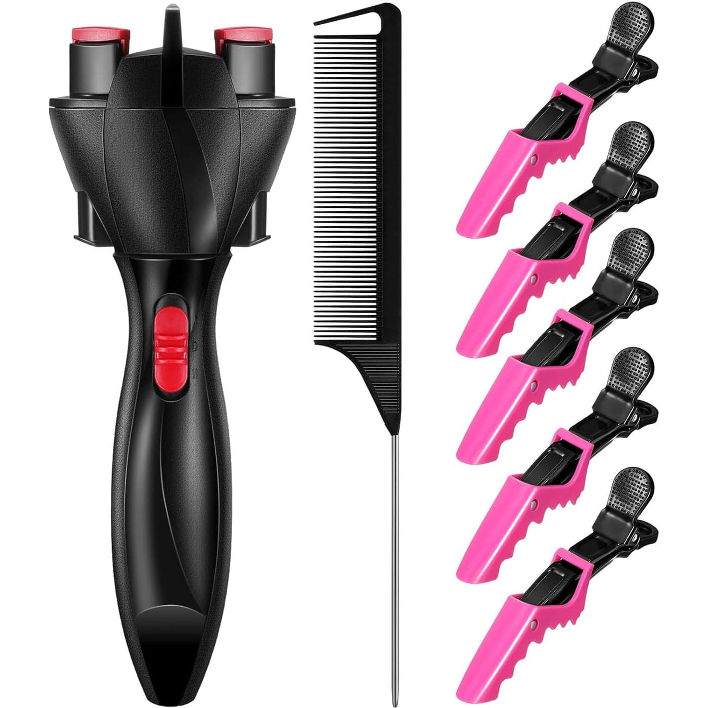 7 Pieces Automatic Braider Set Includes Electronic Tool Machine Braid Maker Twister with Rat Tail Comb and Crocodile Clips for Styling Rose Red