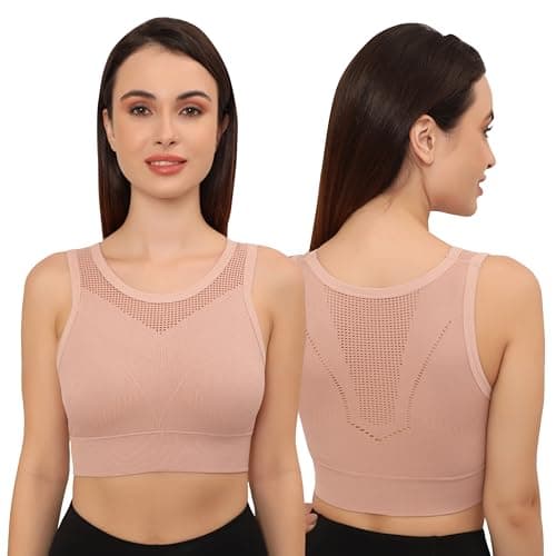 GLAMORAS Women's Polyester Spandex Padded Wireless Sports Bra | Full Coverage, Seamless & High Support Sports Bra for Workout & Yoga | Size: M Peach