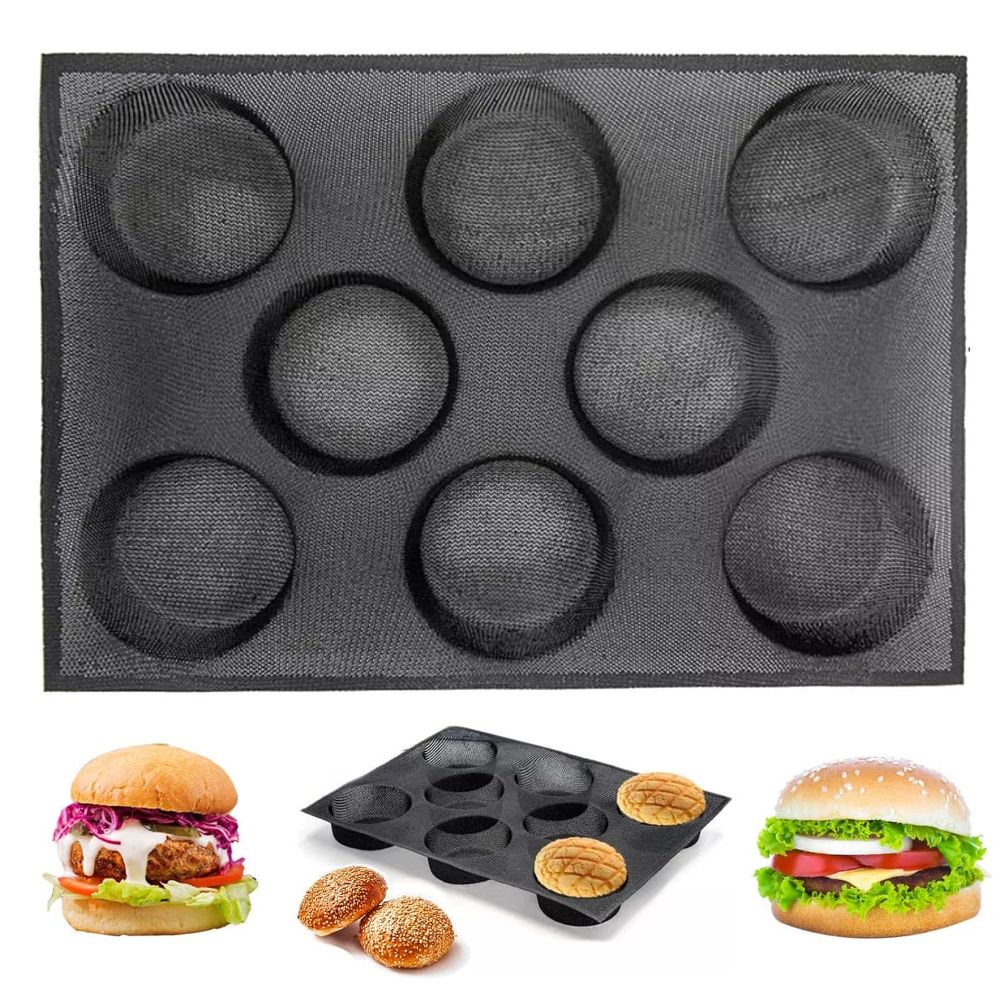 masteymoh Silicone Hamburger Bun Mold Hamburger Bun Pan for Baking 8 Cavity Silicone Hamburger Bread Mold for GlutenFree Hamburger Buns with Pinholes for Better Air Circulation Black
