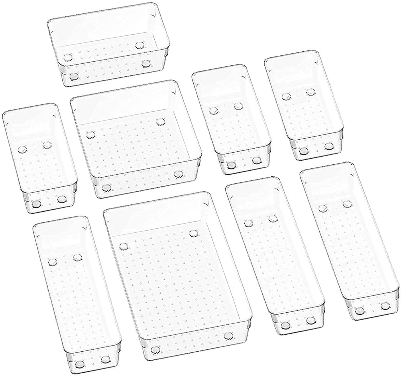 VIKIJO Clear Plastic Drawer Organizers Set 4Size Versatile Bathroom and Vanity Drawer Organizer Trays Storage Bins for Makeup Jewelries Kitchen Utensils and Office