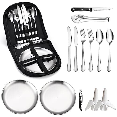 Camping Silverware Kit Cutlery Organizer Utensil Picnic Set 13 Piece Mess Kit for 2 Stainless Steel Plate Spoon Clip and Serrated Knife Wine Opener Fork Napkin Hiking Camp Kitchen BBQs
