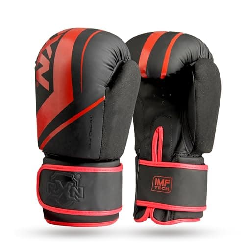 RXN R1 Boxing Gloves with Microfiber Thumb, Premium, High-Performance & Durable for Men, Women & Kids, Training, Kickboxing, Taekwondo, MMA, Muay Thai & Martial Arts (Black/Red, 14oz)
