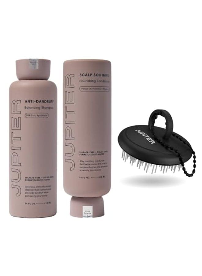 Jupiter Anti Dandruff Shampoo Conditioner Scalp Scrubber for Flaky Itchy Dry Scalp Hydrates Reduces Flakes Scalp Treatment Hair Care Set ColorSafe SulfateFree ParabenFree