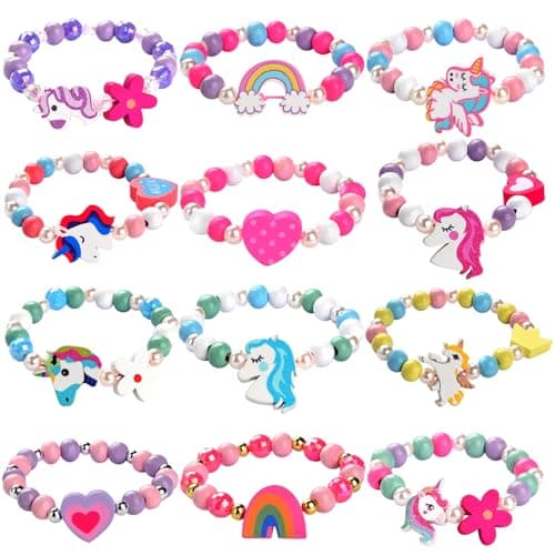 JOTIKO 12 Pcs Kids Bracelets for Toddlers Girls Unicorn Party Favors Goodies Bag Stuffers Pinata Fillers Cute Wooden Beaded Bracelets Princess Play Jewelry Birthday Party Return Exchage Gifts