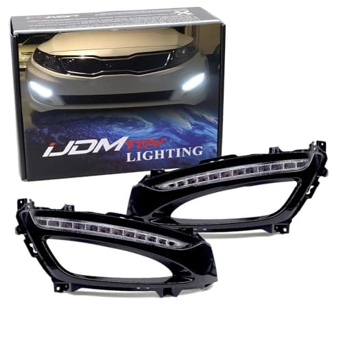 iJDMTOY Xenon White LED Daytime Running Lights Compatible With 11-13 Kia Optima w/Glossy Black Bezel Covers, Direct Replacement DRL Bezel Assembly Powered by 12 Pieces High Power LED Bulbs Each Lamp