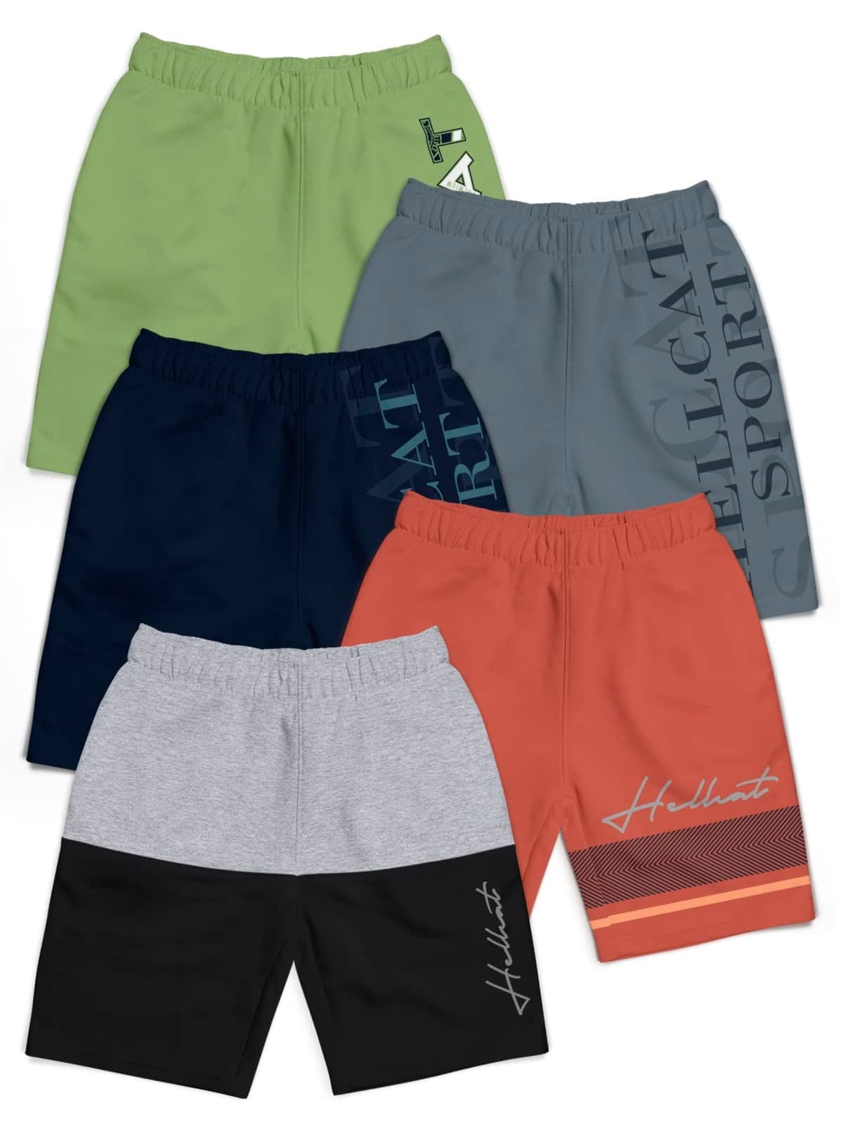 HELLCAT Pack of 5 Trendy Typographic Printed Mid Rise Shorts for Boys - Grey Melange/Orange/Navy Blue/Dark Grey/Jade Green_11-12 Years