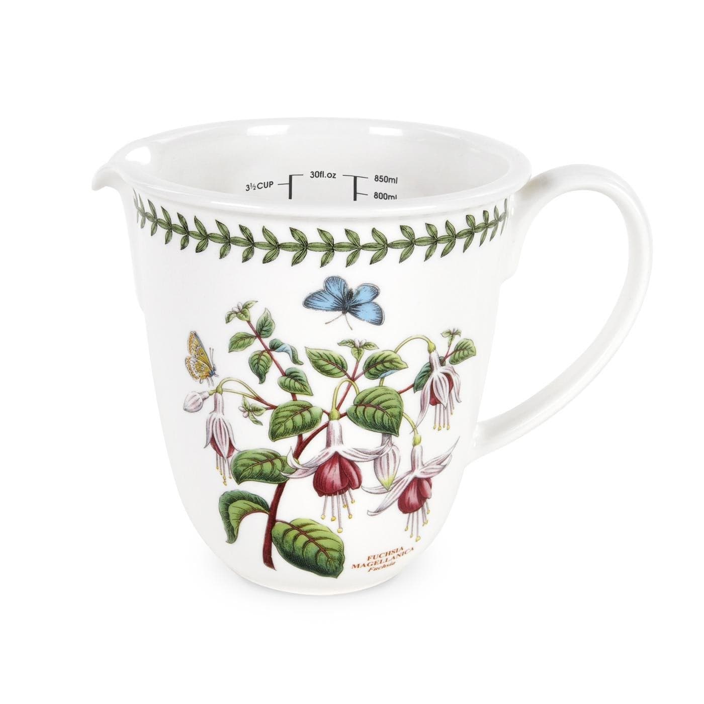 Portmeirion Botanic Garden 30oz Measuring Jug - Fuchsia Motif, Fine Porcelain All-Purpose Kitchen Tools, Dishwasher, Microwave, Freezer, Oven Safe - Elegant Baking & Cooking Essential