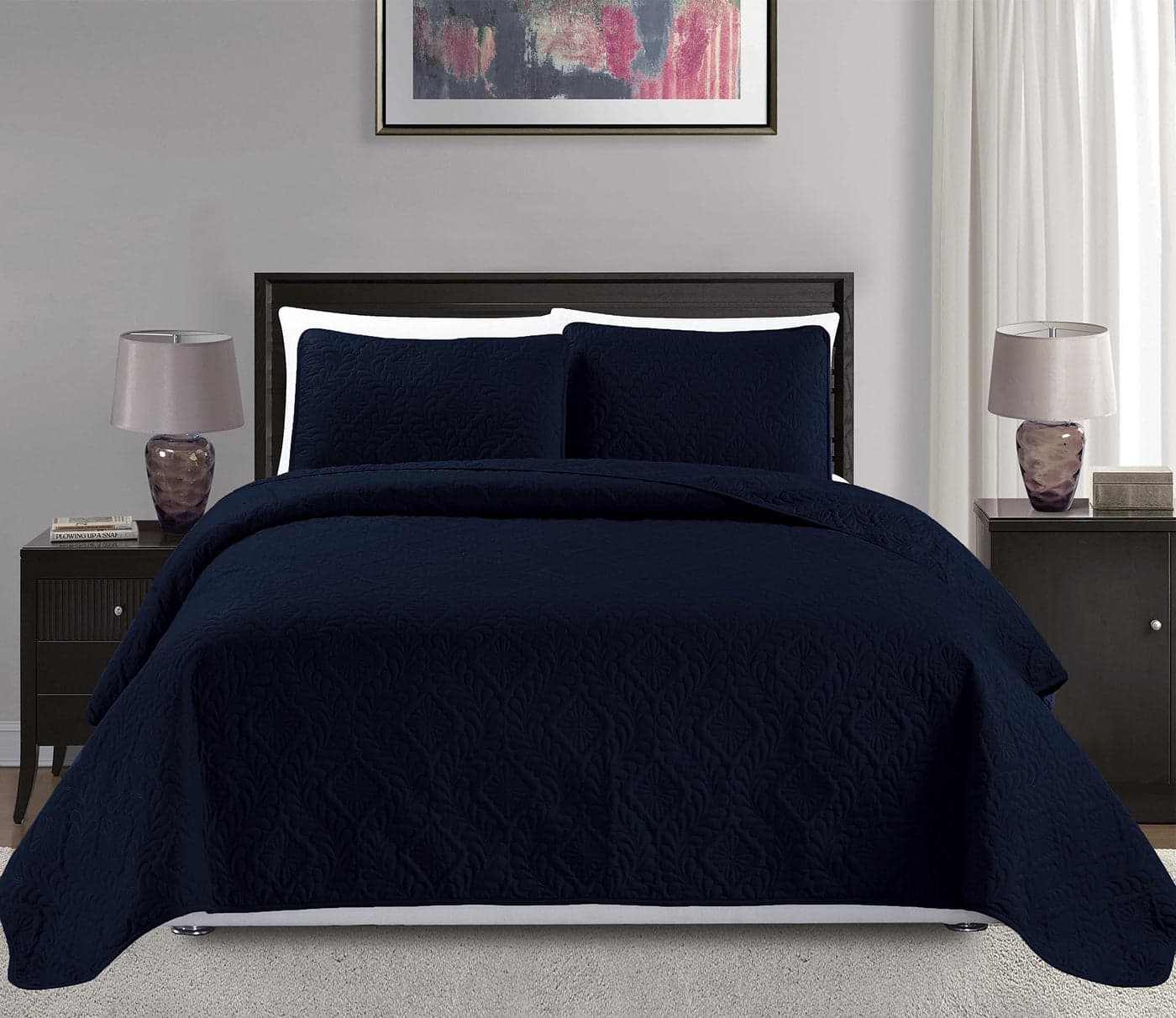 Mk Collection 3pc FullQueen Over Size Diamond Bedspread Bed Cover Embossed Solid Navy Blue New