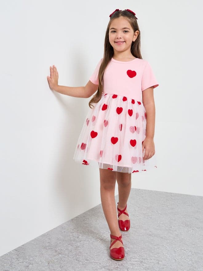 Styli Girls Heart Mesh Print Casual Dress