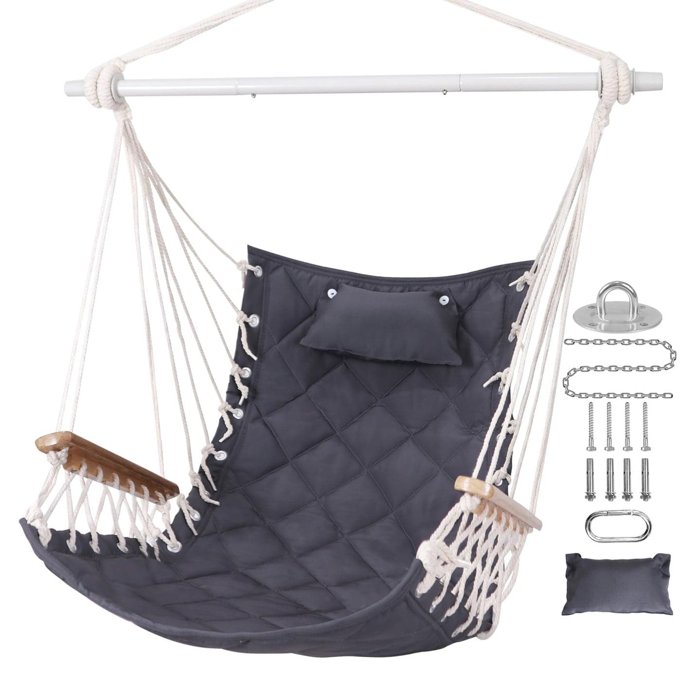 ROOITY Hammock Chair Hanging Swing with Wooden ArmrestsSteel Spreader BarPillowsHardware kit IncludedCotton Woven FabricUp to 350 Lbsfor Indoor or Outdoor