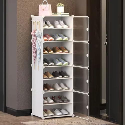 AYSIS Shelf Shoe Rack Box Plastic Shoe Rack for Home Plastic Shelves, Plastic Home Shoes Storage, PP Cabinets with Metal Door Frame, Chappal Slipper Shoe Stand (White, 7-SHELF-4-DOOR)