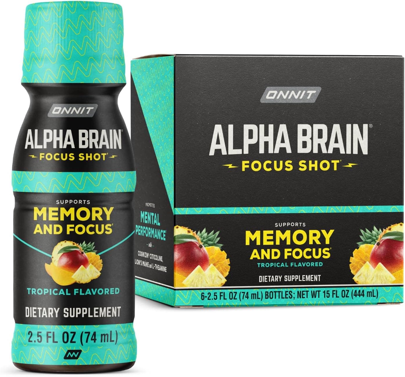 ONNIT Alpha Brain Focus Shot Tropical Flavor Nootropic Dietary Supplement Drink That Supports Energy Focus and Mood 25 fl oz 6 Count