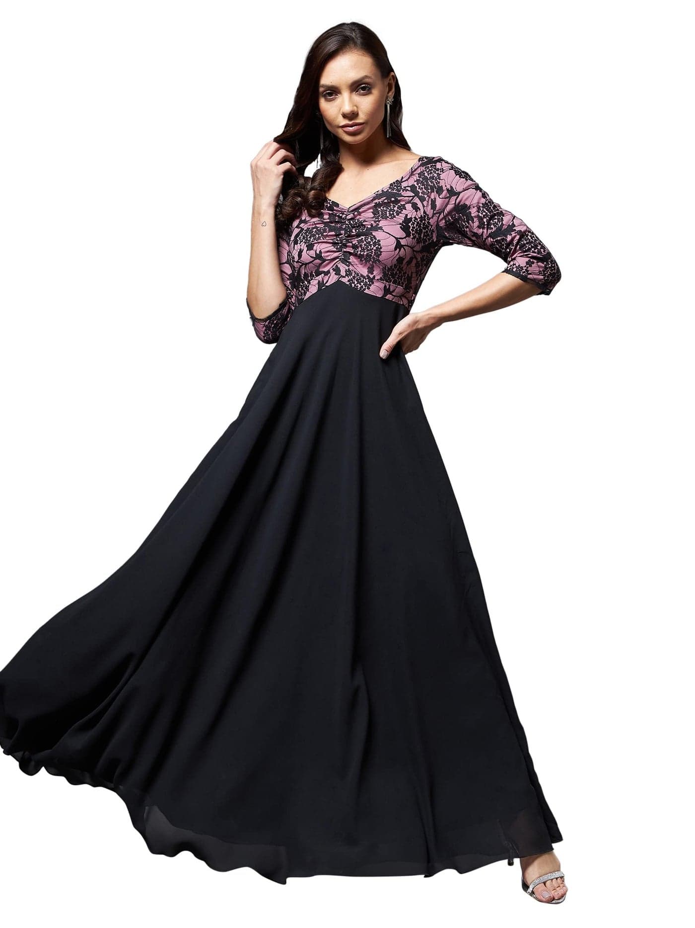 Miss Chase Women's Sweet Heart Neck 3/4th Sleeve Self Design Fit & Flare Maxi Dress (MCSS23D79-06-245-06, Black and Lavender, XL)