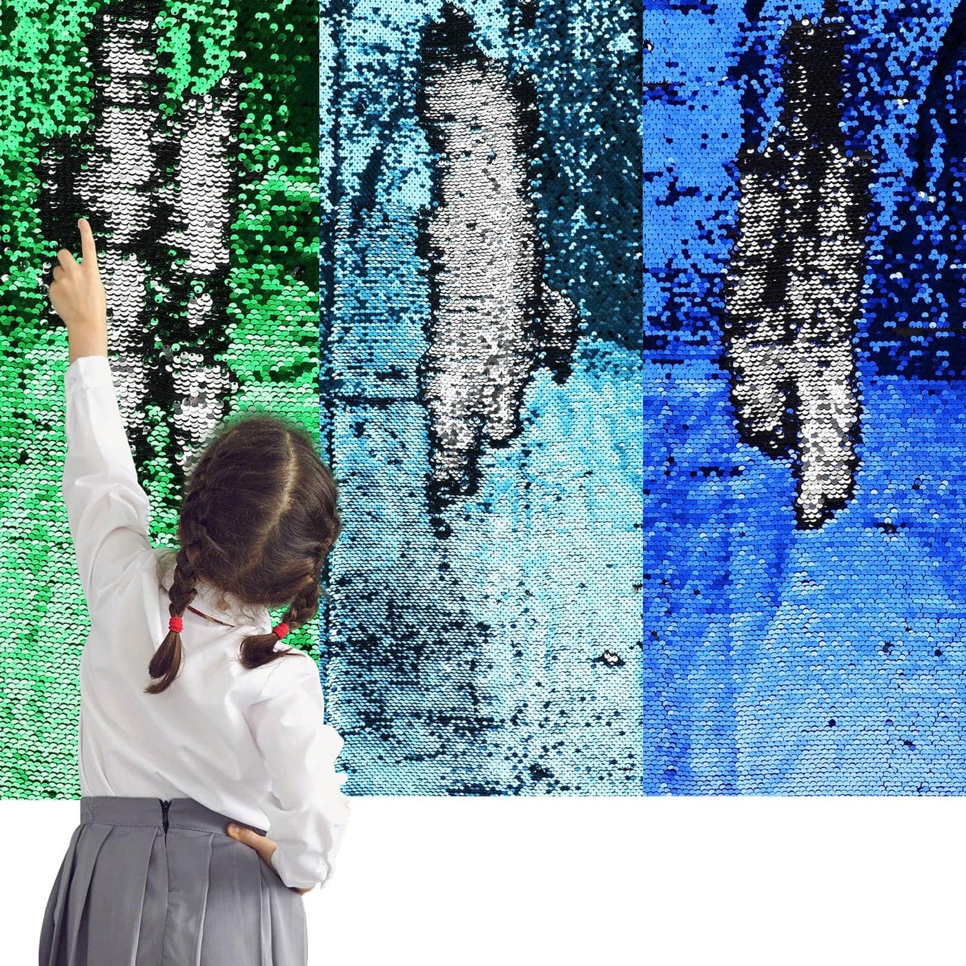 Irenare 3 Pcs Sensory Wall Sequin Flip Fabric for Kids 40 x 13 Inch Sensory Graffiti Reversible Sequin Fabric with 36 Pcs Hook and Loop Strips with AdhesiveGreen Dark Blue Light Blue3