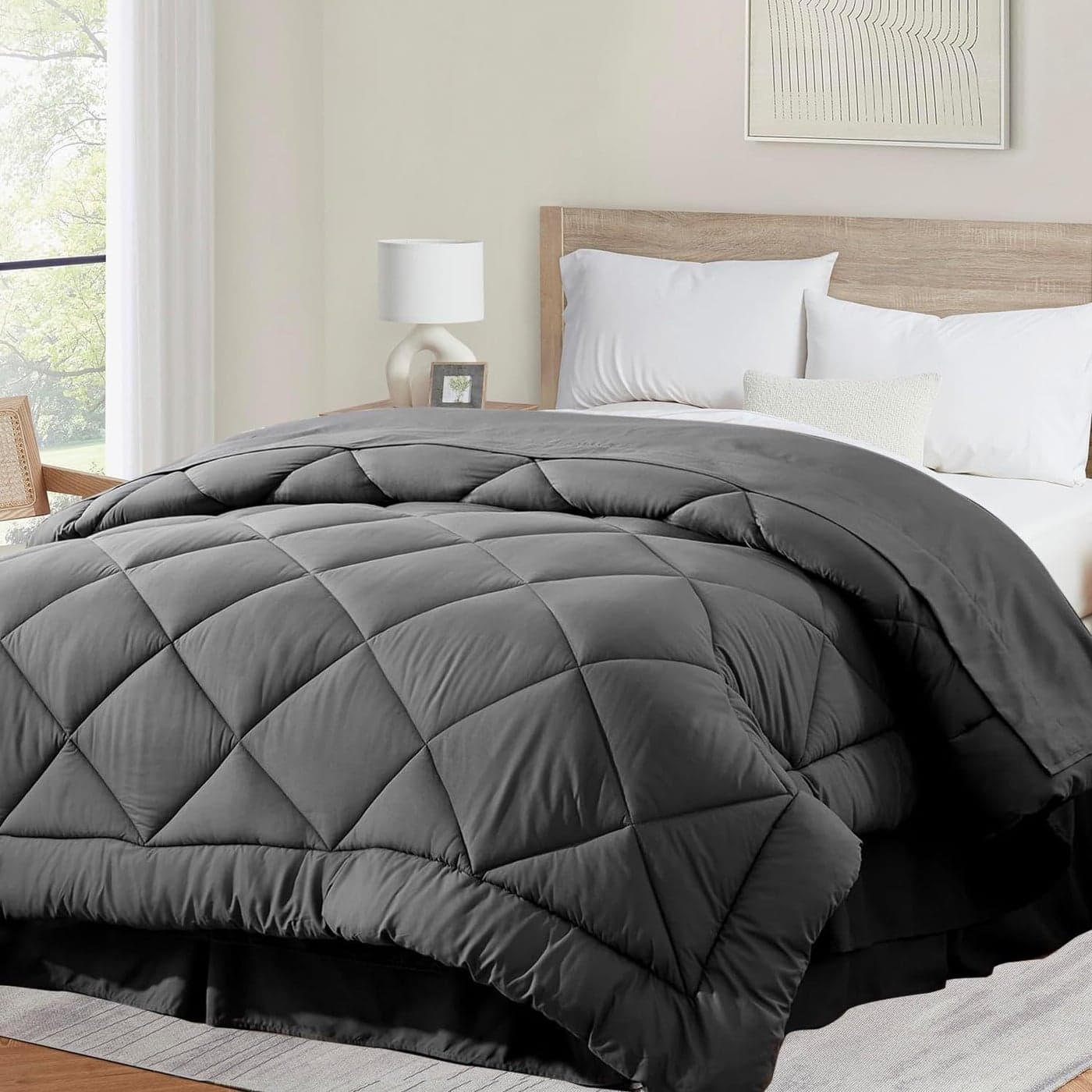 Cozynight Soft Queen Size Comforter Duvet InsertLightweight Down Alternative Comforter with Corner TabsFluffy Breathable Machine Washable Diamond StitchingDark Gray88x92