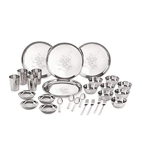 Neelam Stainless Steel 24 Gauge Lazer Etching 28 Pieces Dinner Set, Ideal Gifting Dinner Set, Ideal for Special Occasions Like Anniversary, Wedding, Housewarming Party, Dishwasher Safe, Silver, Solid