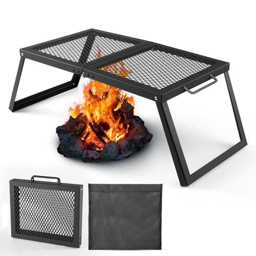 Odoland Folding Campfire Grill Heavy Duty Steel Mesh Grate with Folding Legs and Storage Bag Portable Camping Grates Over Fire Pit Grill Rack for Outdoor Cooking and Bonfire