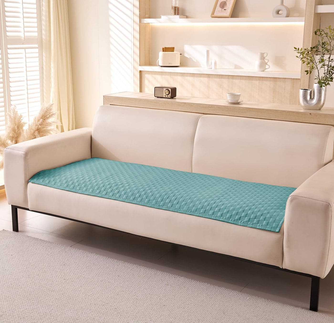House of Quirk Luxury Waterproof Sofa Cover 1/2/3/4 Seater Anti-Slip Plaid Sofa Cover Washable Sofa Slipcover Furniture Protector from Pets Replacement Protector (Four Seater, Light Blue, 70x210cm)
