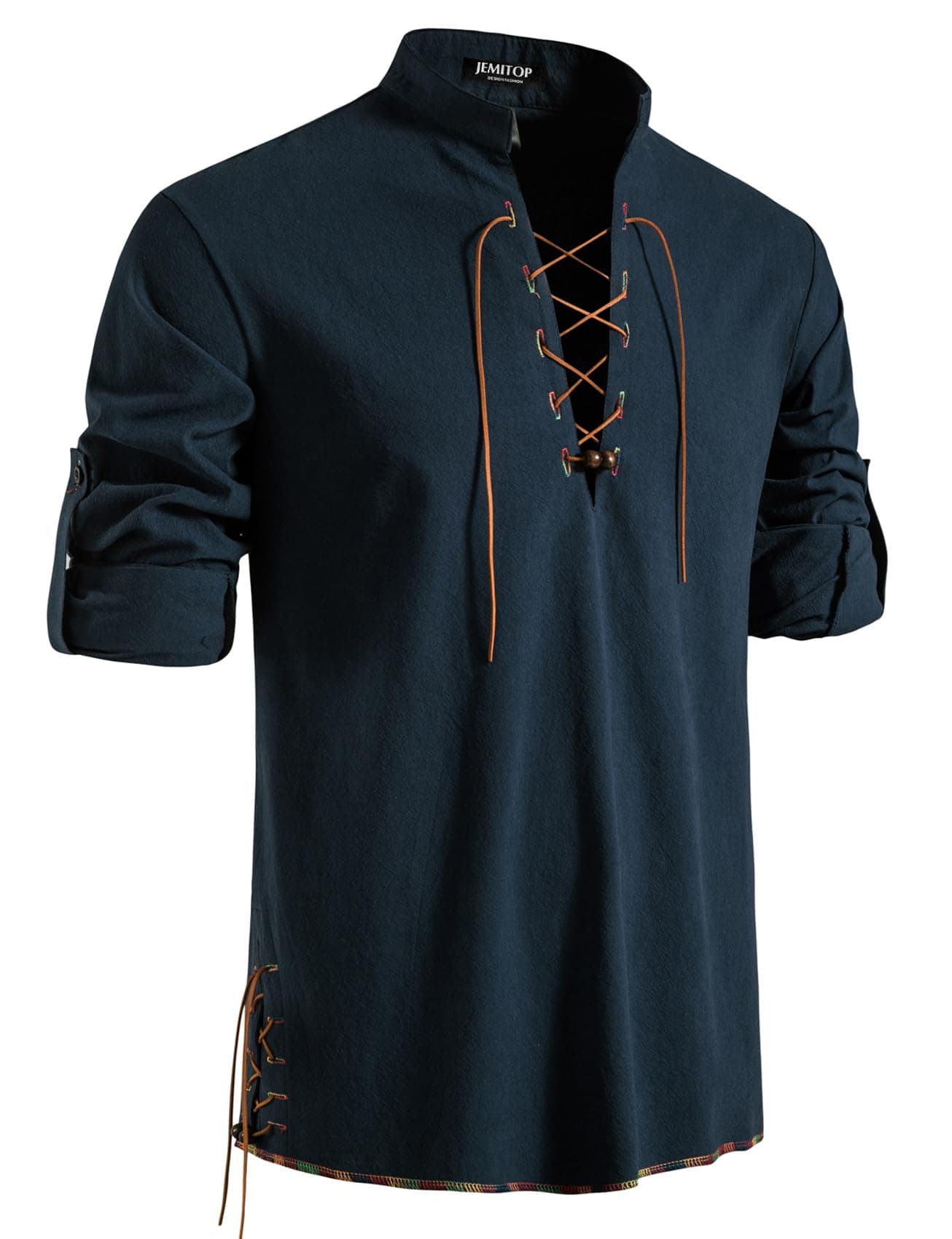 JEMITOP Men's Vintage Renaissance Costume Long Sleeve Lace Up Shirts for Pirate Viking Medieval Vampire Halloween Cosplay Clothing Navy Blue-D XL