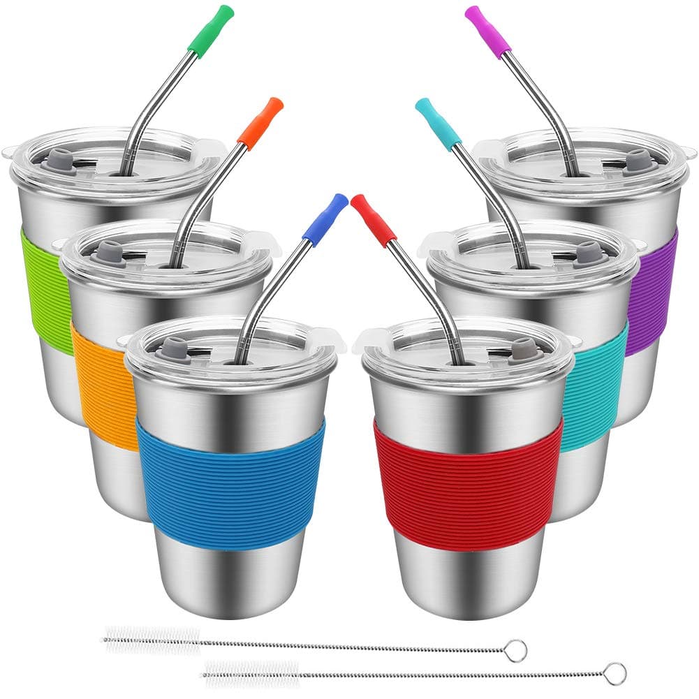 SSAWcasa Stainless Steel Kids Cups 6 Pack 12oz Spill Proof Kids Tumbler with Lid and Straw Unbreakable Baby Water Drinking Glasses Reusable Metal Smoothie Sippy Mug for Toddler Child Adult