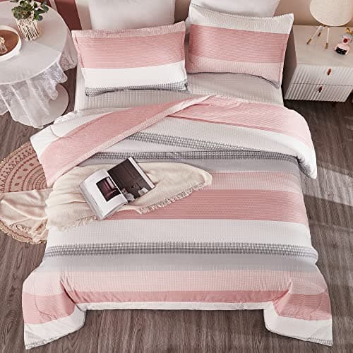 Litanika Pink King Size Comforter Set 3 Pieces Blush White Colorblock Lightweight Bedding Comforter Set