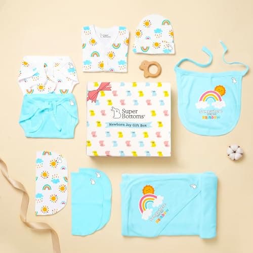 SuperBottoms Baby Gift Set for New Born - Skin-Friendly Newborn Essentials - Ideal Gifts for NewBorn Baby – Unisex Clothing - 0-3 Months – 11 Pieces Baby Gift Hamper (Blue)