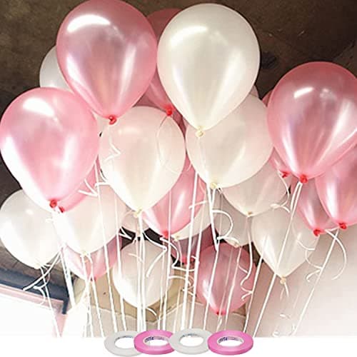 AMFIN® 10 Inch (Pack of 100) White & Light Pink Metallic Balloons with Matching Ribbon for Decoration,Balloon for Birthday Decor/Anniversary/Party/Baby Shower/Party/Home Decor