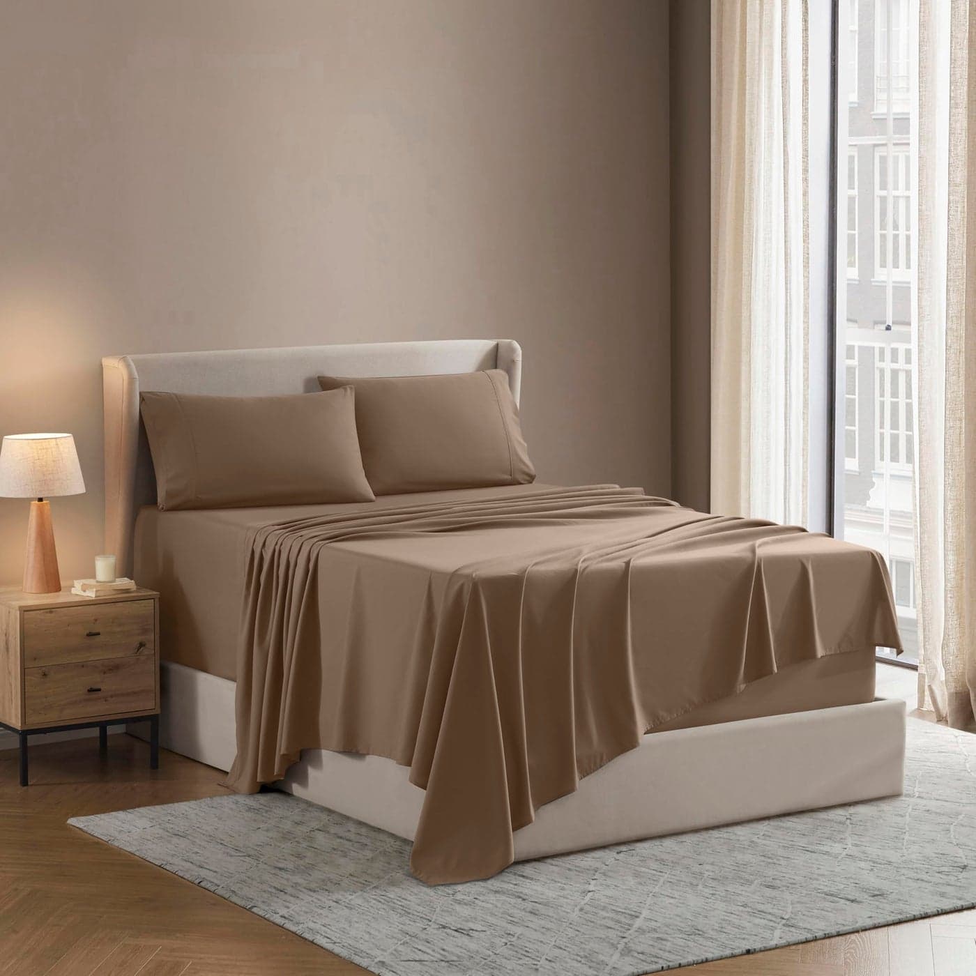 Nestl Short Queen Sheet Set 1800 UltraSoft Microfiber Double Brushed Deep Pockets Easy Fit 4 Piece Set Bed Sheets Short Queen Taupe
