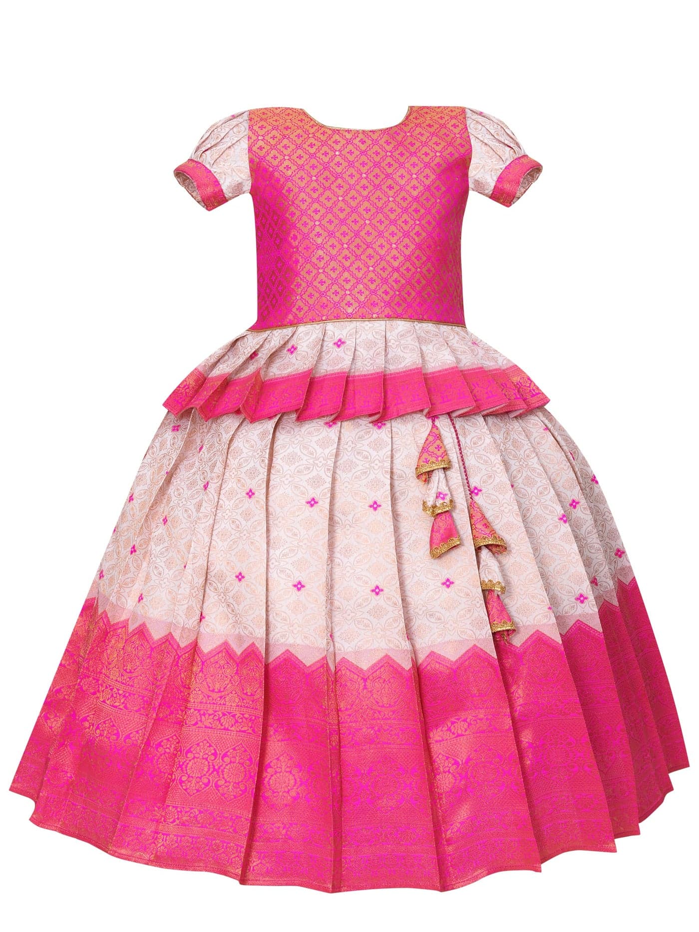 Lehnvel New South Indian Traditional Pattu Pavadai Pattu Langa Lehenga Choli For Baby Girls Dress (Pink & White, 7-8 Years)