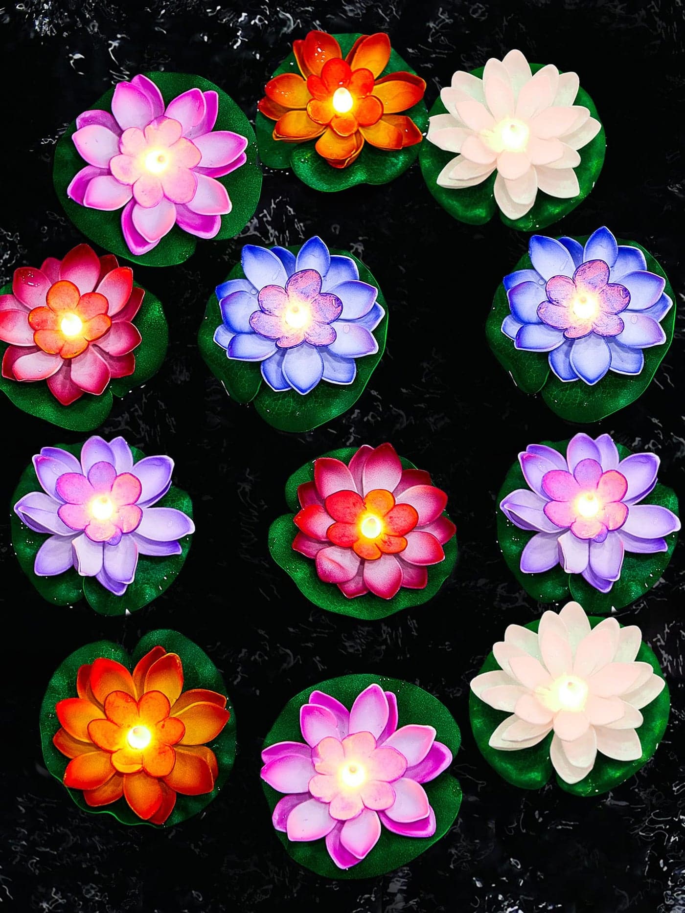 Hortsun 12 Pcs Floating Lotus Lights with Batteries Lily Pads Pool Flowers Diwali Pooja Decorations Floating Candles Decor for Pool Pond Outdoor Indoor(5.91 Inch,Multicolor)