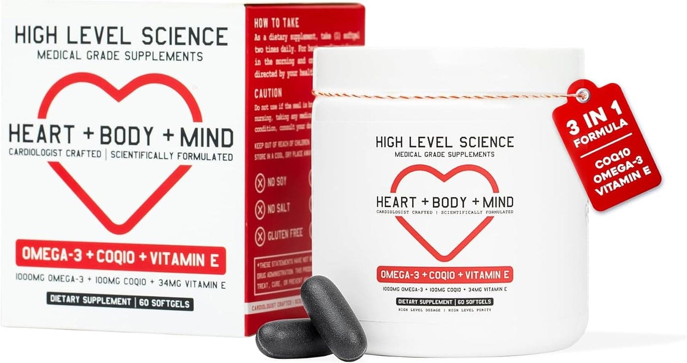 High Level Science CoQ10 Omega3 Vitamin E Cardiologist Formulated for Heart Body Mind Health with DHAEPA Antioxidant for Energy Superior Bioavailable Fish Oil Gluten Free 60 Softgels