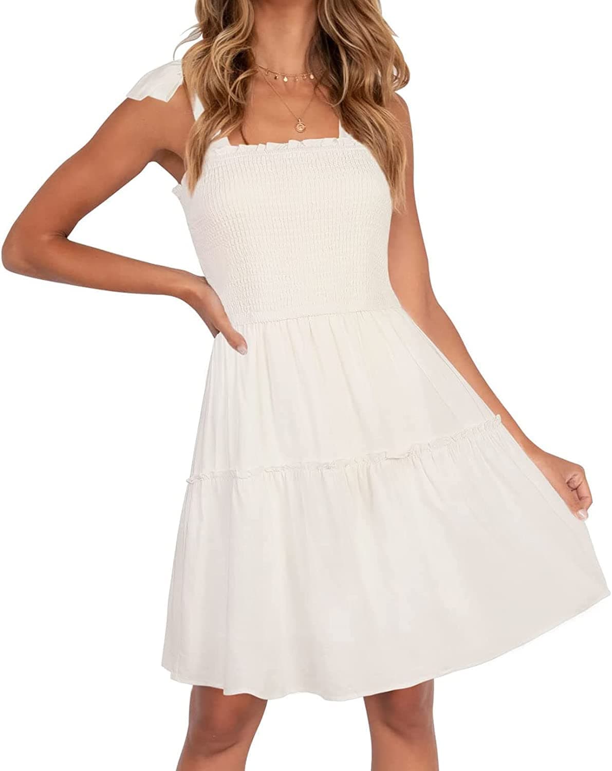 ZESICA Womens 2025 Summer Spaghetti Strap Sleeveless Square Neck Ruffle A Line Swing Mini DressIvoryXLarge