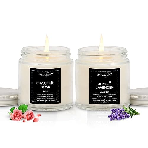 Aromahpure Scented Candles (55 Hours) (100% Soy Wax)- Handcrafted | Smoke-Free | Charming Rose- Bulgarian Rose, Joyful Lavender- Lavender Fragrance Candles for Home & Gift Sets, IFRA Certified